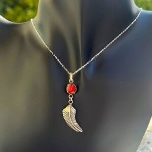 Vintage 70’s Red Coral & Sterling Feather Pendant Necklace